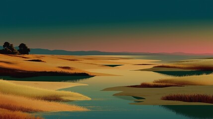 Golden grass lines a calm river flowing through a serene marshland under a twilight sky
