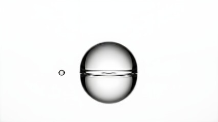Close-up shot of a water droplet impacting a spherical water surface against a white background