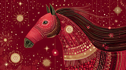 Chinese Year of the Horse, modern abstract banner featuring a stylized horse, festive stars and ornaments for luxury holiday greeting card, stock vector