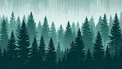 Misty forest landscape with tall pine trees in shades of green