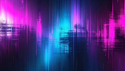 Vibrant neon light trails in pink and blue hues create dynamic abstract