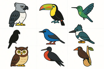 Fototapeta premium Panama bird vector icons with harpy eagle toucan hummingbird parrot tanager kingfisher owl frigatebird and oropendola nest
