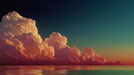 Fluffy golden cumulus clouds reflect on calm sea water during a colorful sunset under a teal sky