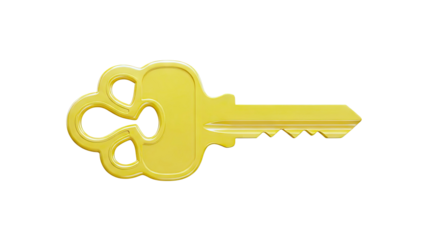 Shiny yellow ornate key on a white background