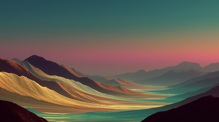 Layers of rugged mountains are illuminated by warm golden light under a colorful twilight sky