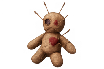 Voodoo doll with a pin piercing its heart, bringing bad luck and expressing negative emotions