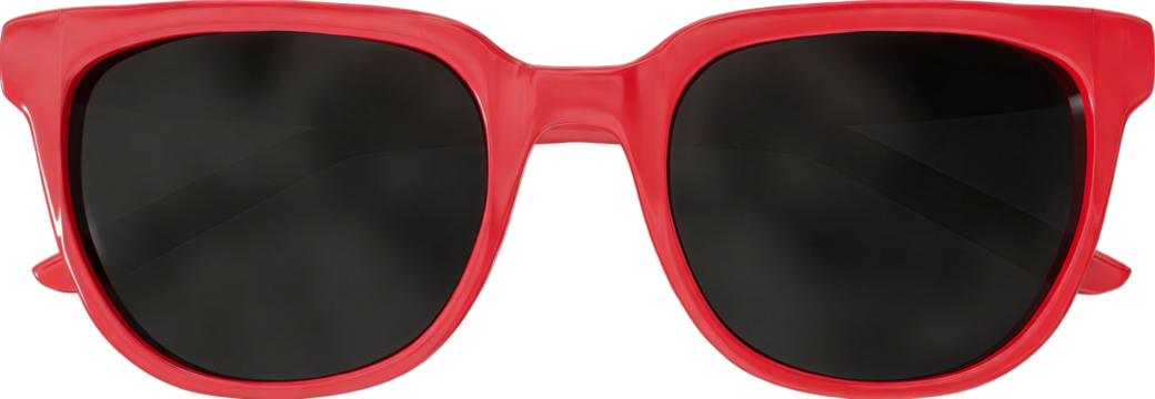 Red plastic framed sunglasses with black lenses, showcasing a modern and stylish design. Ideal for sun protection and fashion accessory, featuring vibrant color and sleek silhouette. - Powered by Adobe