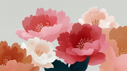 Elegant pink and peach peony blossoms with textured brushstrokes and dark green leaves