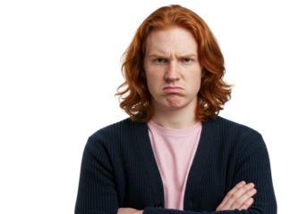 Young man, red hair, freckles, pink shirt, blue cardigan, arms crossed, angry, pouting, intense gaze, white studio, copy space, strong discontent concept