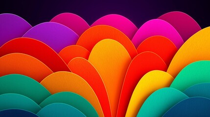 Abstract composition of vibrant layered paper cut shapes with colorful curved textured waves