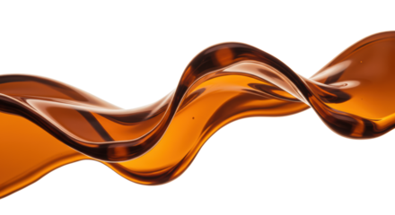 Abstract molten bronze liquid sculpted as an elegant amber and dark orange wave with glossy reflections, on a transparent studio background, macro. Luxury liquid advertising concept