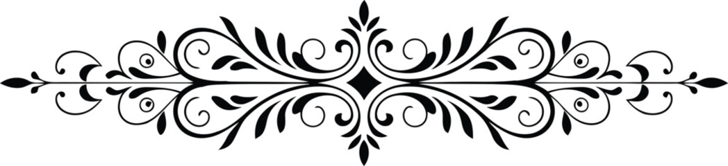 Detailed symmetrical black scrollwork flourish decorative element on a simple white background