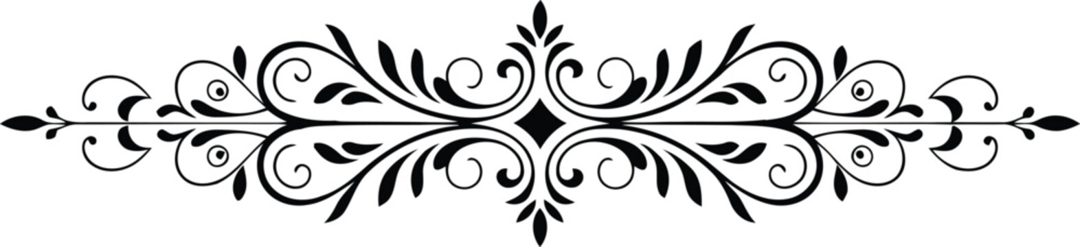 Detailed symmetrical black scrollwork flourish decorative element on a simple white background