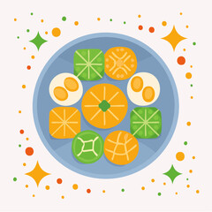 Colorful food arrangement on a plate with decorative star elements isolated