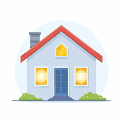 Cartoon house illustration simple home with red roof and glowing windows