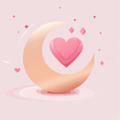 Pink heart and crescent moon illustration for love and romantic concepts