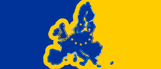 creative abstract Europe map simplified rounded-corners symbolic shape in blue and yellow, background EU