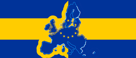 creative abstract Europe map simplified rounded-corners symbolic shape in blue and yellow, background EU