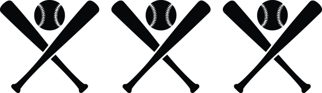 Three pairs of black silhouette baseball bats crossed with a baseball positioned above them