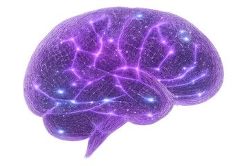 Human brain with glowing neural network, artificial intelligence, thinking process, innovation, and digital learning on transparent background