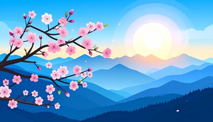 Vibrant pink cherry blossoms against serene mountain sunrise landscape