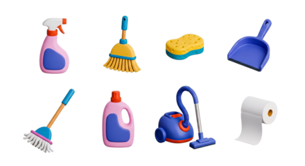 Vibrant cleaning supplies including brushes, mops, and buckets organized on shelves