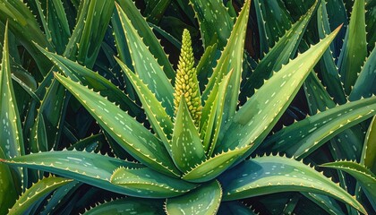 Fototapeta premium Close-up of vibrant green aloe vera plant with flower bud.