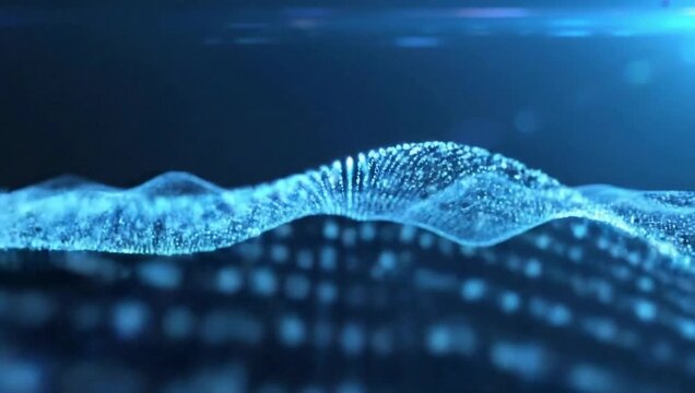 Abstract Blue Digital Waveform of Particles Flowing in Futuristic Technology Concept.