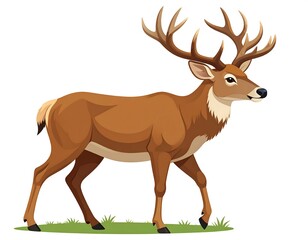Fototapeta premium A majestic stag illustration is depicted, walking gracefully. It features large antlers, brown fur, and is positioned on green grass against white background