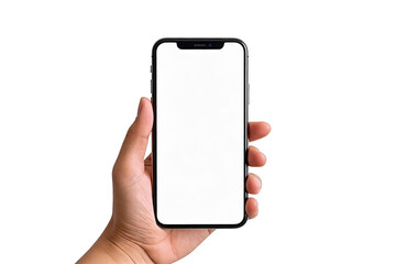 A close-up of a human hand holding a modern smartphone with a blank white screen, isolated on a white background. Ideal for technology mockups and digital interface concepts.