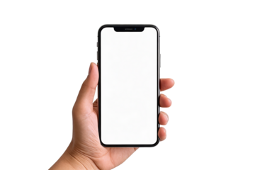 A close-up of a human hand holding a modern smartphone with a blank white screen, isolated on a white background. Ideal for technology mockups and digital interface concepts.
