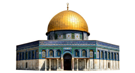 Obraz premium Iconic Dome of the Rock in Jerusalem, featuring its famous golden dome and intricate Islamic mosaic architecture, a sacred religious landmark, isolated on transparent background.
