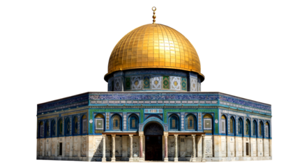Iconic Dome of the Rock in Jerusalem, featuring its famous golden dome and intricate Islamic mosaic architecture, a sacred religious landmark, isolated on transparent background.