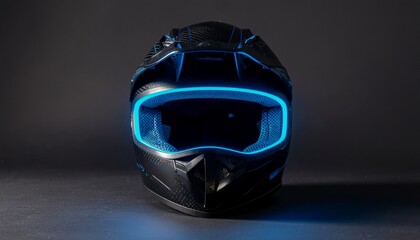 A black motorcycle helmet with glowing blue visor on a dark surface, viewed from the front, showcasing its protective features and neon illumination