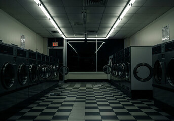 Empty laundromat at night with washing machines and checkered floor liminal space.
