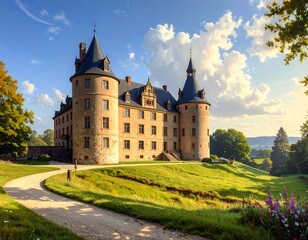 Fototapeta premium A majestic stone edifice with multiple turrets, a winding path, and lush green lawns under a radiant sky