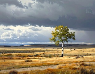 A solitary tree stands against a dramatic sky over a vast, golden grassland. A distant lake shimmers under stormy clouds