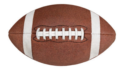 Close-up of an American football ball with brown leather surface, white laces, and two white stripes, ideal for sports equipment and competition themes.