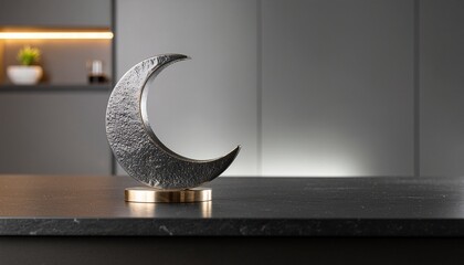 A modern silver crescent sculpture on a black marble countertop in a sleek gray kitchen with subtle lighting