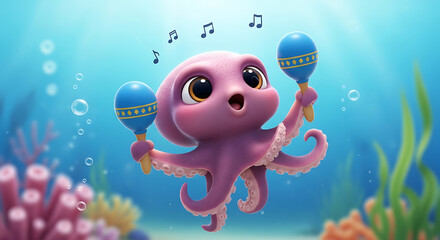 Cartoon Octopus Playing Maracas Underwater Scene.