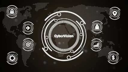 Cyber Vision global network interface with digital map and abstract circular surrounded by white for data security travel finance and business on a black background - Powered by Adobe