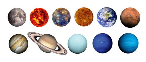 Illustration of the solar system's planets and Earth's moon. Includes Sun, Mercury, Venus, Earth, Mars, Jupiter, Saturn, Uranus, Neptune. Scientific visualization of cosmic bodies.