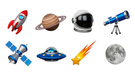 Illustration of space tech, robots, planets, and astronaut gear for exploration and science.