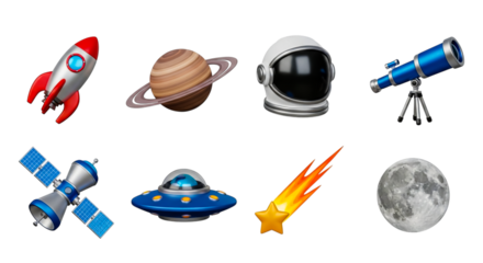 Illustration of space tech, robots, planets, and astronaut gear for exploration and science.