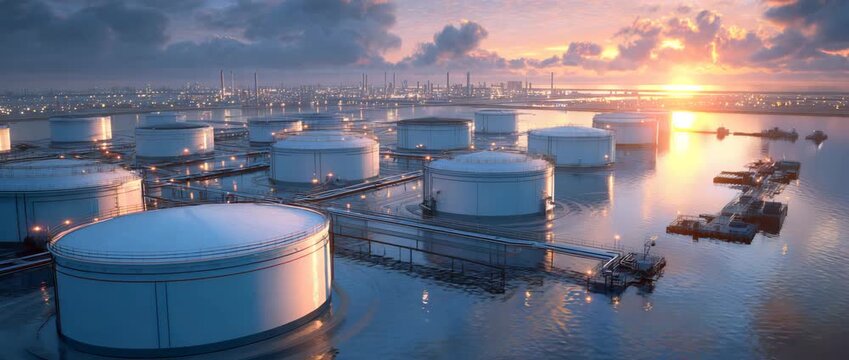 Coastal oil refinery at dusk, petroleum processing, logistics