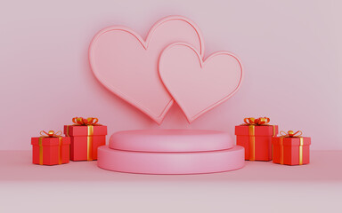 Valentines day celebration with present boxes scene mockup pink podium