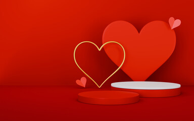 Happy valentines day and stage podium decorated with heart shape on red background