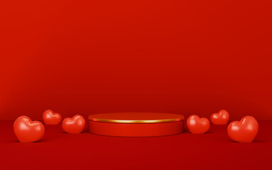 Happy valentines day and stage podium decorated with heart shape on red background