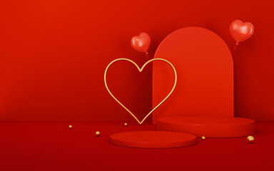 Happy valentines day and stage podium decorated with heart shape on red background
