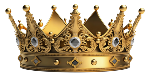 Elaborate golden royal crown adorned with gemstones and intricate filigree. Represents royalty, authority, and luxury with ornate design elements.